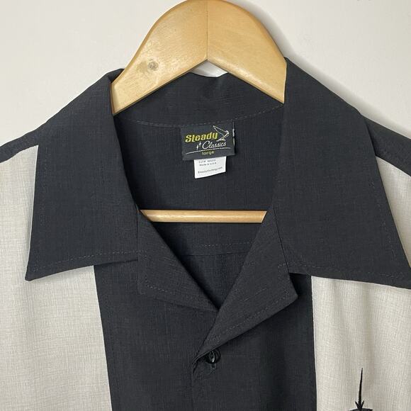 Retro Style Steady Bowling Rockabilly Short Sleeve Bowling Shirt Blk/Cream L/XL - Picture 4 of 10